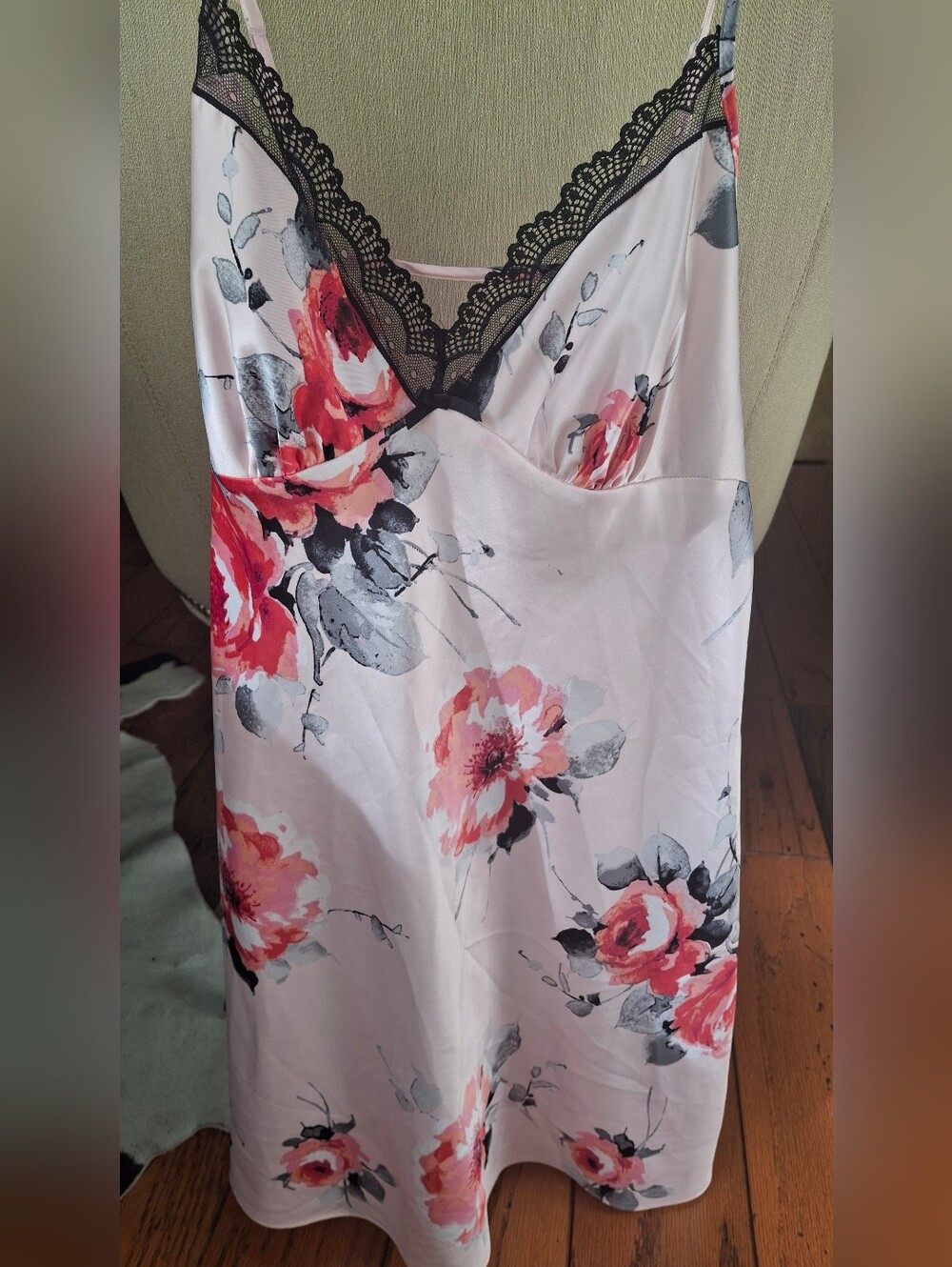 Pink Floral Satin Slip with Black Lace Trim